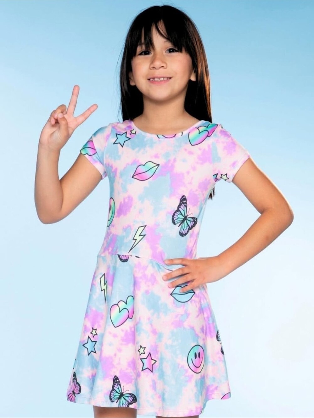 PixieLane Short Sleeve Tie Dye Emoji Skater Dress, Size 7, NWT